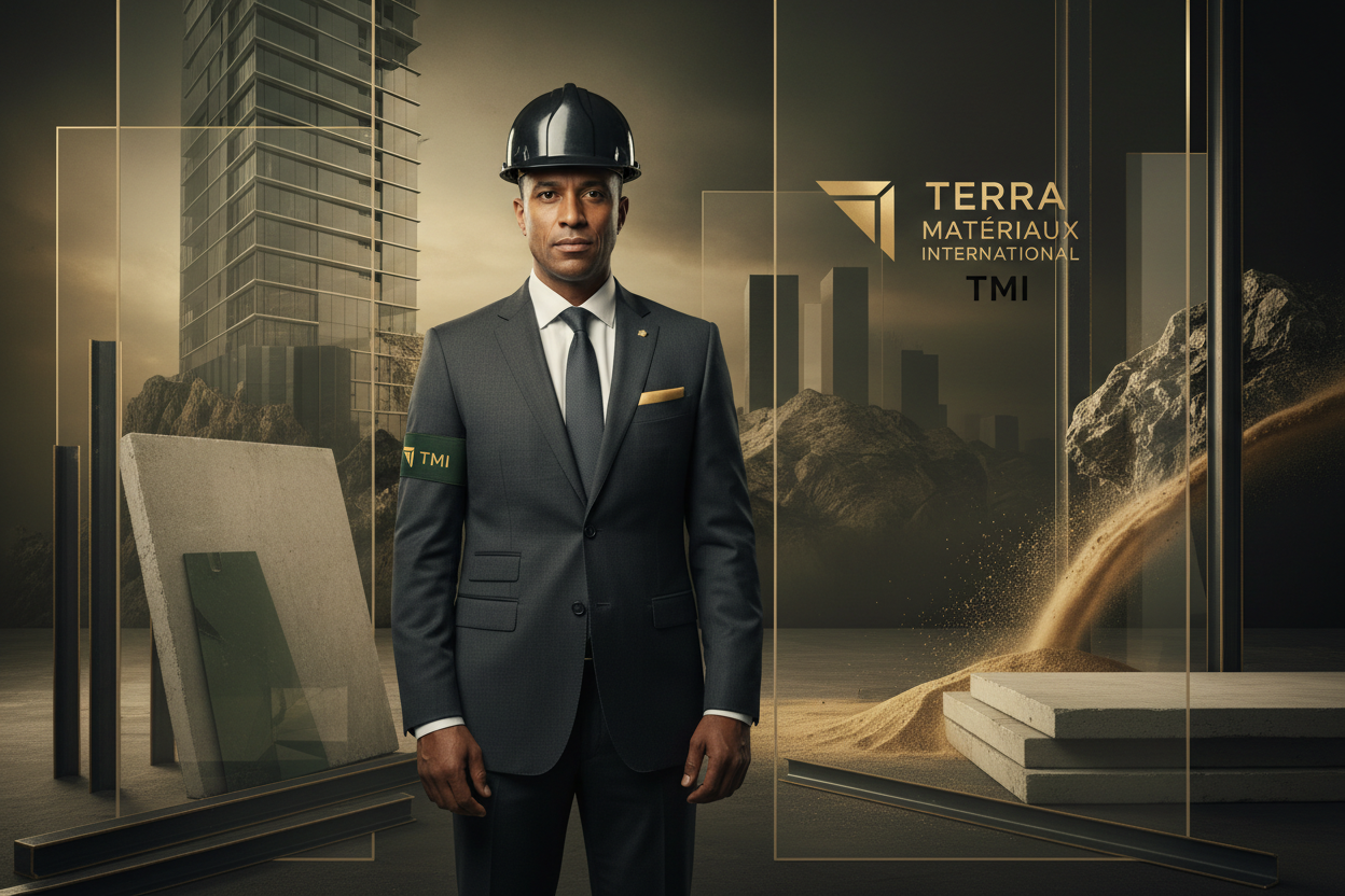 Terra Matériaux International (TMI)
Un homme professionnel et confiant, bien habillé (tenue élégante ou tenue de chantier propre avec casque), posture droite et regard assuré, représentant un leader du secteur des matériaux de construction. Arrière-plan moderne inspiré de la construction et de la terre (bâtiments, matériaux, lignes architecturales), couleurs dominantes or, vert et noir, style réaliste et premium, éclairage naturel, haute qualité, image corporate, sérieux et crédibilité internationale.